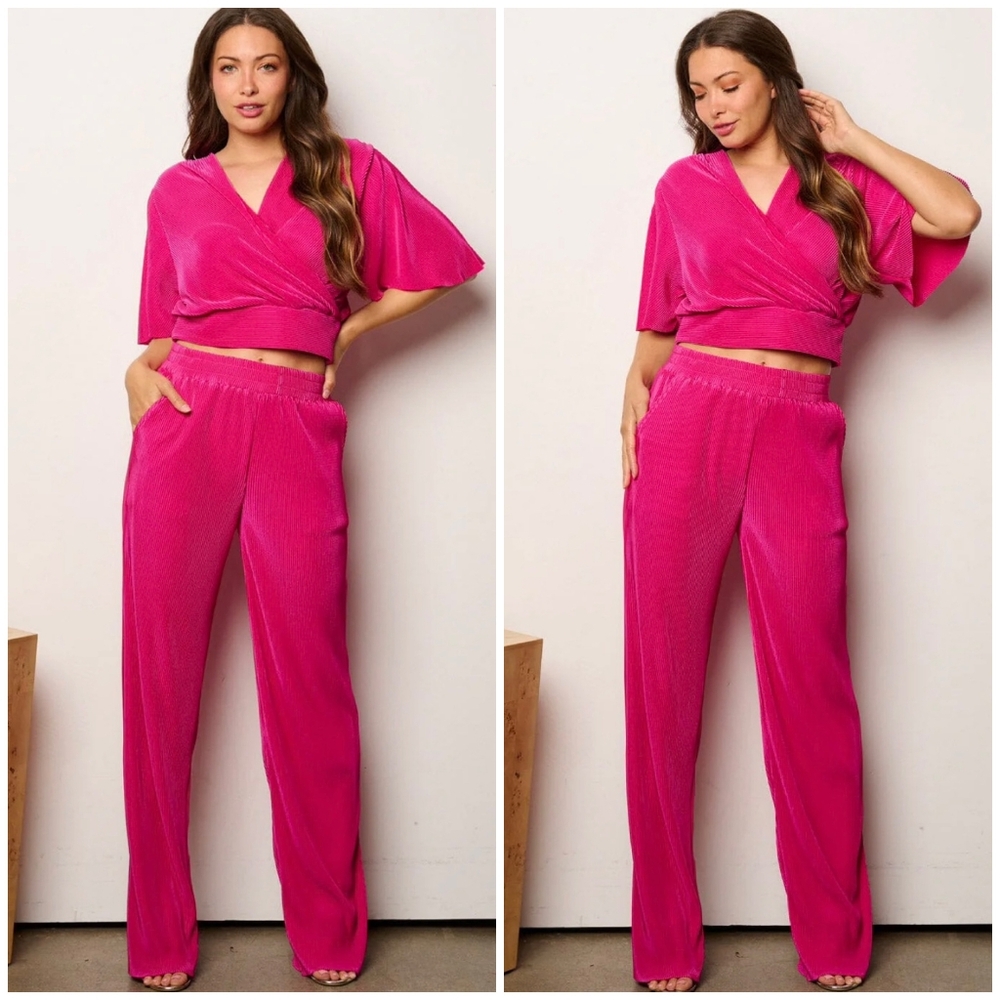 Ellison Hot Pink  Wrap Crop Top & Wide-Leg Pants Set - Picture 4 of 5
